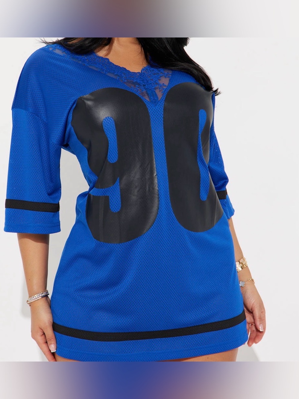 Fashion Nova Blue Women's Mesh Lace V Neck Jersey Dress Brand New Size Large